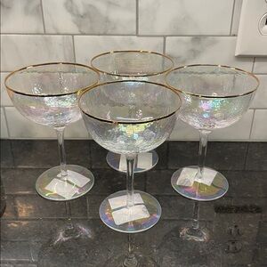 Tommy Bahama Gold Rimmed Hammered Iridescent Coupe Glasses Set of 4